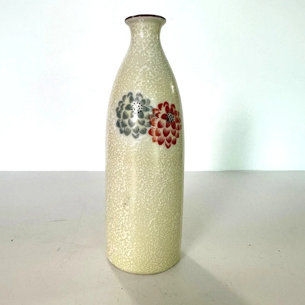 Vintage Japanese Bud Vase Cream Speckled Floral Ceramic‎ Vase 7 Inch